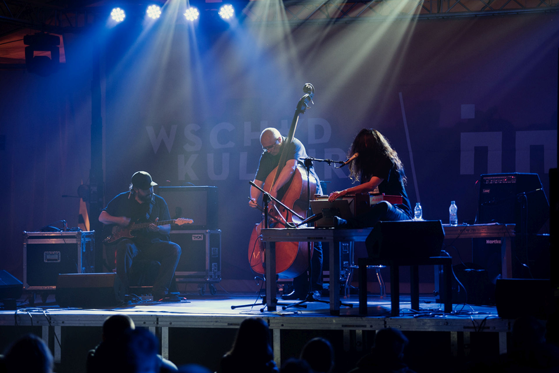 Na scenie są gitarzysta, wiolonczelista i wokalista.