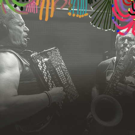 Czarno-biała fotografia członków zespołu.