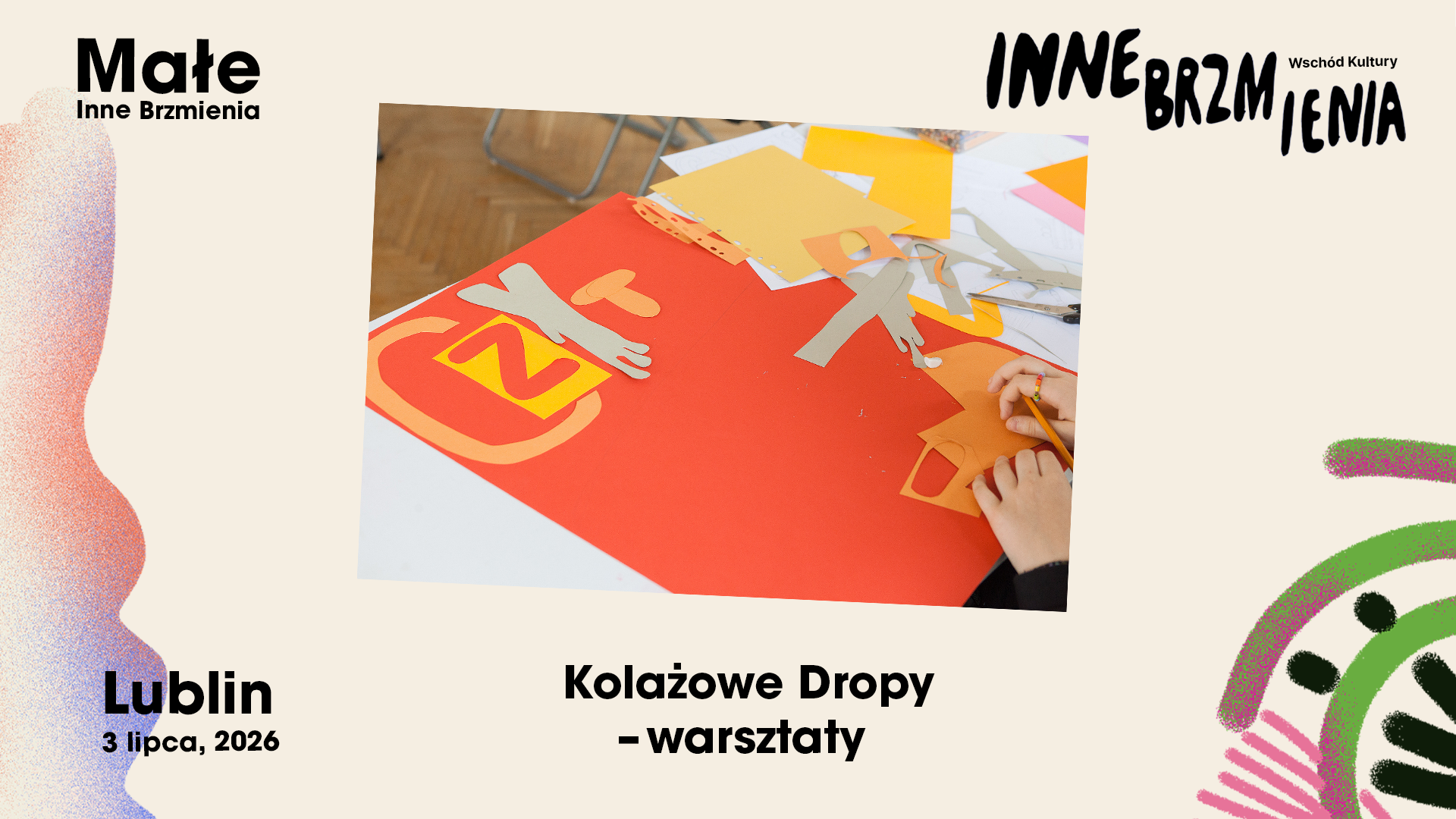 Dłonie dziecka, które trzyma kolorowy papier. Napis: Kolażowe Dropy - warsztaty.